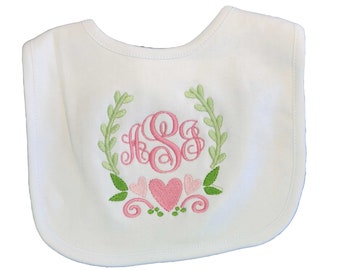 Hearts and Laurel Wreath Monogrammed Baby Bib, Infant White Knit Baby Bib,