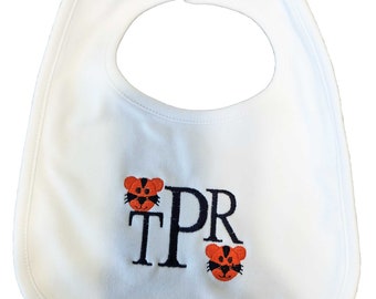 Mini Tiger Monogrammed Baby Bib, Team Spirit Baby Bib, Animal Theme Baby Bib, Baby Shower Gift