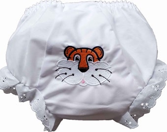 Tiger Face Embroidered Diaper Cover Bloomer, Girl Diaper Cover, Sports Theme Diaper Cover