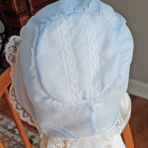 Blue Swiss batiste baby heirloom cap crown detail.