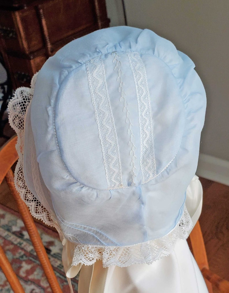Blue Swiss batiste baby heirloom cap crown detail.