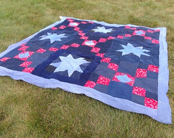 Upcycled Denim Paisley Quilt, Fall Porch Blanket, Faux Fur Throw Blanket, XO Patchwork, Cozy Blue Jean Quilt