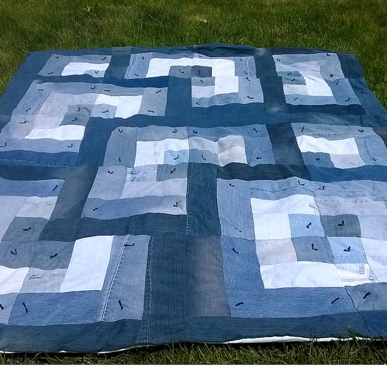 Blue Log Cabin Denim Quilt Queen Size Upcycled Jean Quilt Etsy