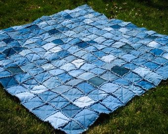 Upcycled Denim Rag Quilt Queen Size Jean Quilt - Handmade Patchwork Quilt