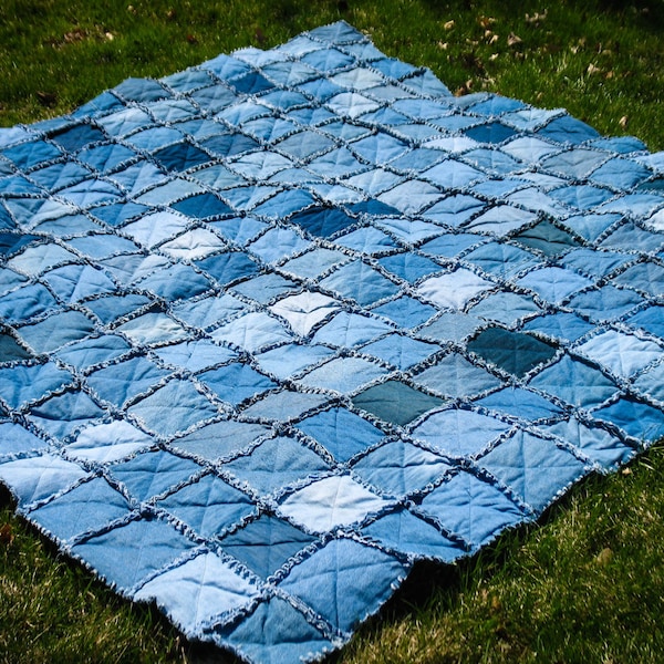 Upcycled Denim Rag Quilt Queen Size Jean Quilt - Handmade Patchwork Quilt