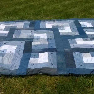 Blue Log Cabin Denim Quilt Queen Size Upcycled Jean Quilt Handmade Hand ...