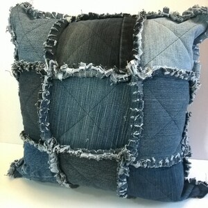 Rag Quilt Throw Pillow Cover Shabby Chic Cushion Cover Upcycled denim Pillow Repurposed Blue Jean Throw Cushion image 2