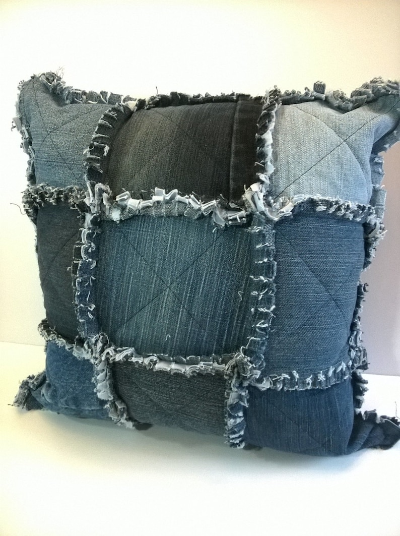 Rag Quilt Throw Pillow Cover Shabby Chic Cushion Cover Upcycled denim Pillow Repurposed Blue Jean Throw Cushion image 2