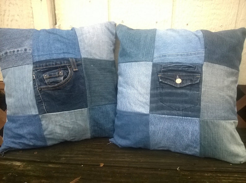 Upcycled Denim Throw Pillow Set Matching Pair Patchwork - Etsy