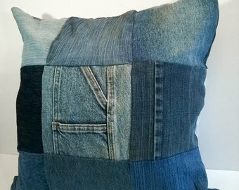 Upcycled Denim Patchwork Pillow - Jean Pocket Throw Pillow - Rustic Farmhouse Housewarming Gift - Zip Closure Pillow Cover