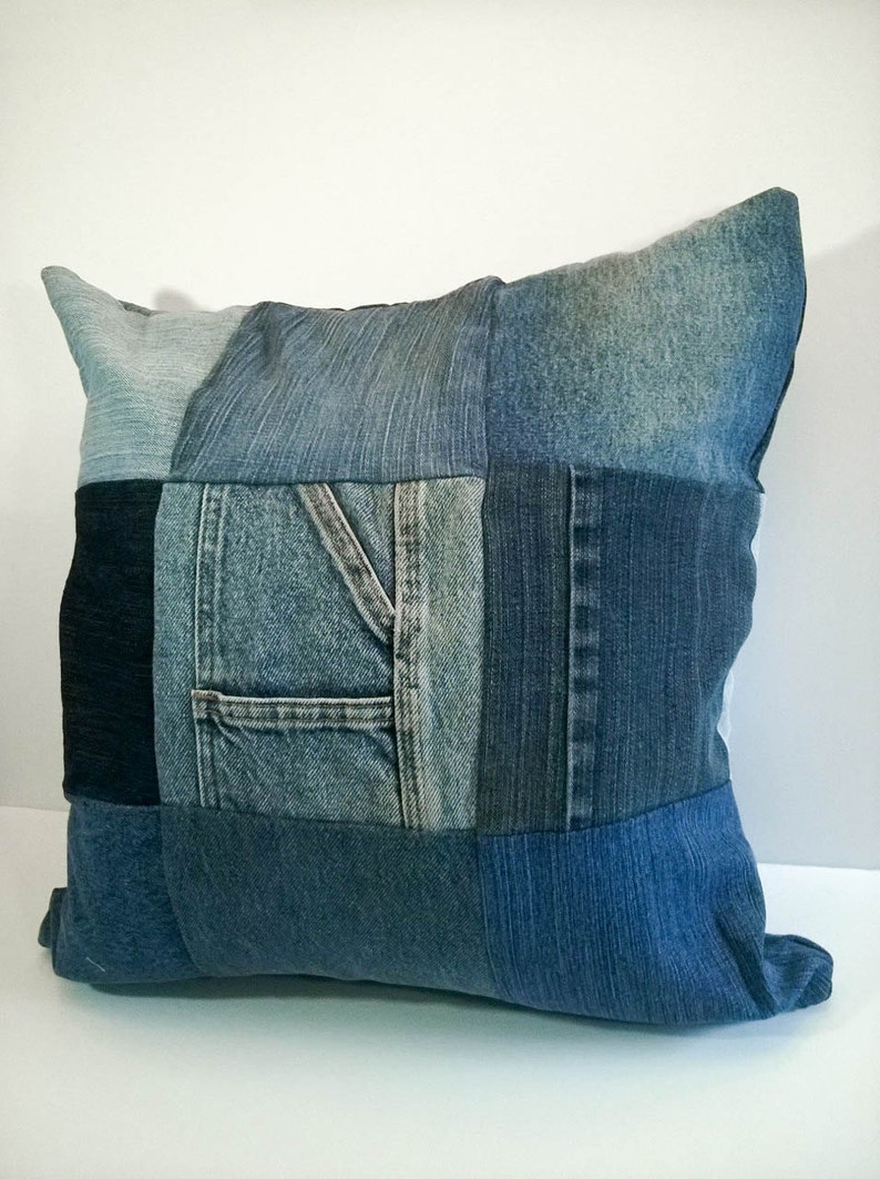 Upcycled Denim Throw Pillow Cover Jean Patchwork Lined Etsy