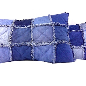 Rag Style Denim Patchwork Pillow Shams - Upcycled Jean Shams with Envelope Closure - Repurposed Denim Bedding