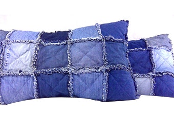 Rag Style Denim Patchwork Pillow Shams - Upcycled Jean Shams with Envelope Closure - Repurposed Denim Bedding