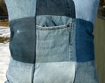 Upcycled Denim Patchwork Pillow - Jean Pocket Throw Pillow - Rustic Farmhouse Housewarming Gift - Zip Closure Pillow Cover