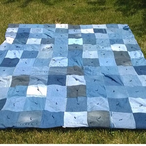 Upcycled Denim Quilt - Large Patchwork Quilt - Blue Jean Blanket