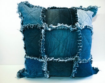 Rag Quilt Throw Pillow Cover - Shabby Chic Cushion Cover - Upcycled denim Pillow - Repurposed Blue Jean Throw Cushion