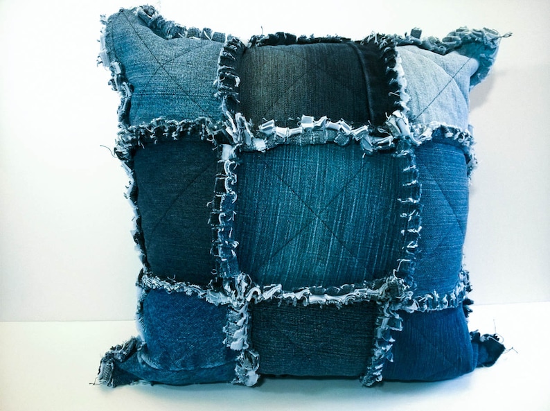 Rag Quilt Throw Pillow Cover Shabby Chic Cushion Cover Upcycled denim Pillow Repurposed Blue Jean Throw Cushion image 1