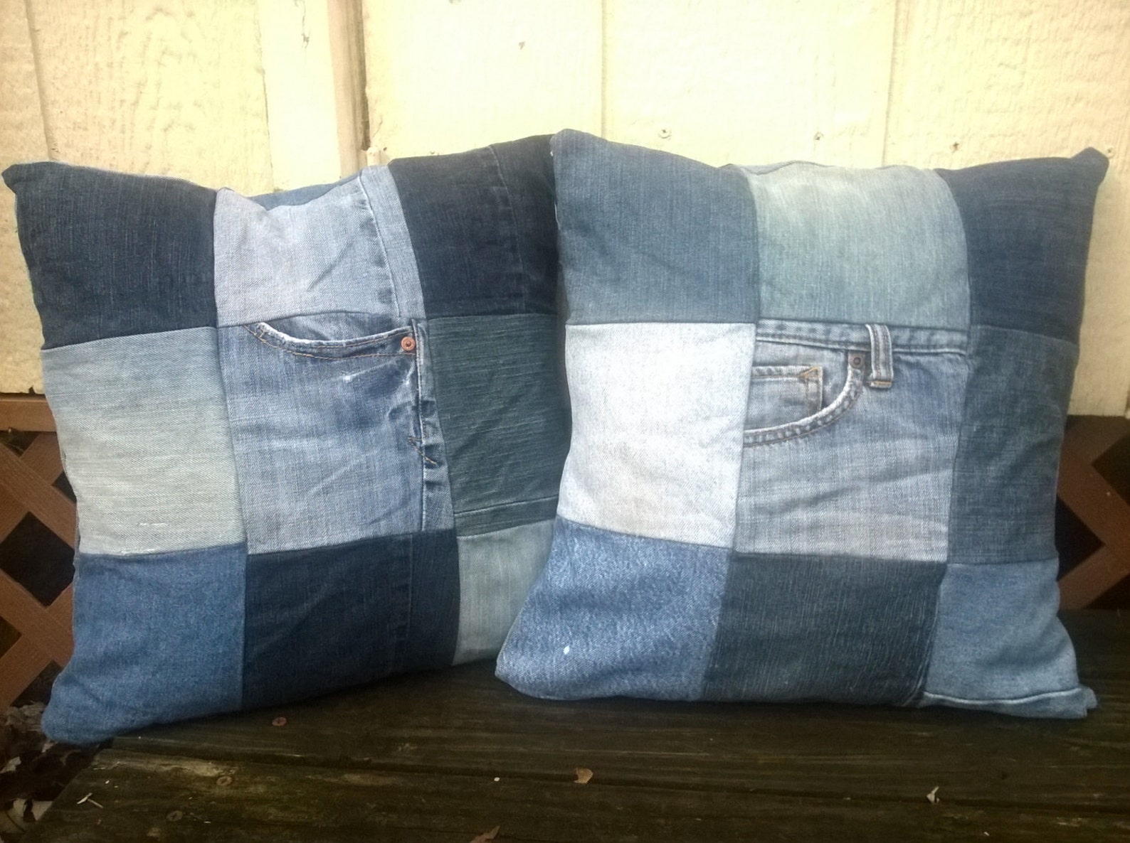 Upcycled Denim Throw Pillow Set Matching Pair Patchwork | Etsy