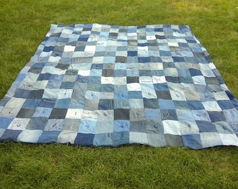 Blue Jean Denim Quilt -  Upcycled Queen Size Denim Patchwork Quilt