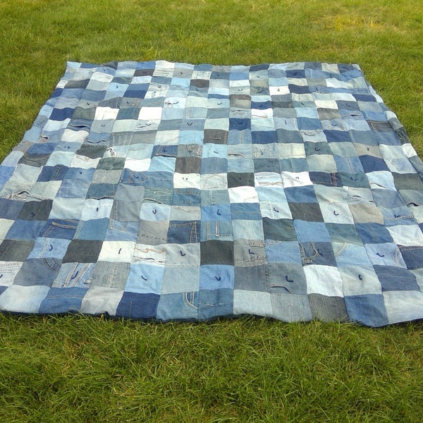 Blue Jean Denim Quilt -  Upcycled Queen Size Denim Patchwork Quilt