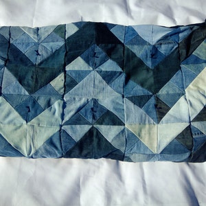 Blue Jean Denim Quilt - Queen Size Modern Chevron Stripe Blanket - Upcycled Denim Quilt - Repurposed Blue Jean Blanket