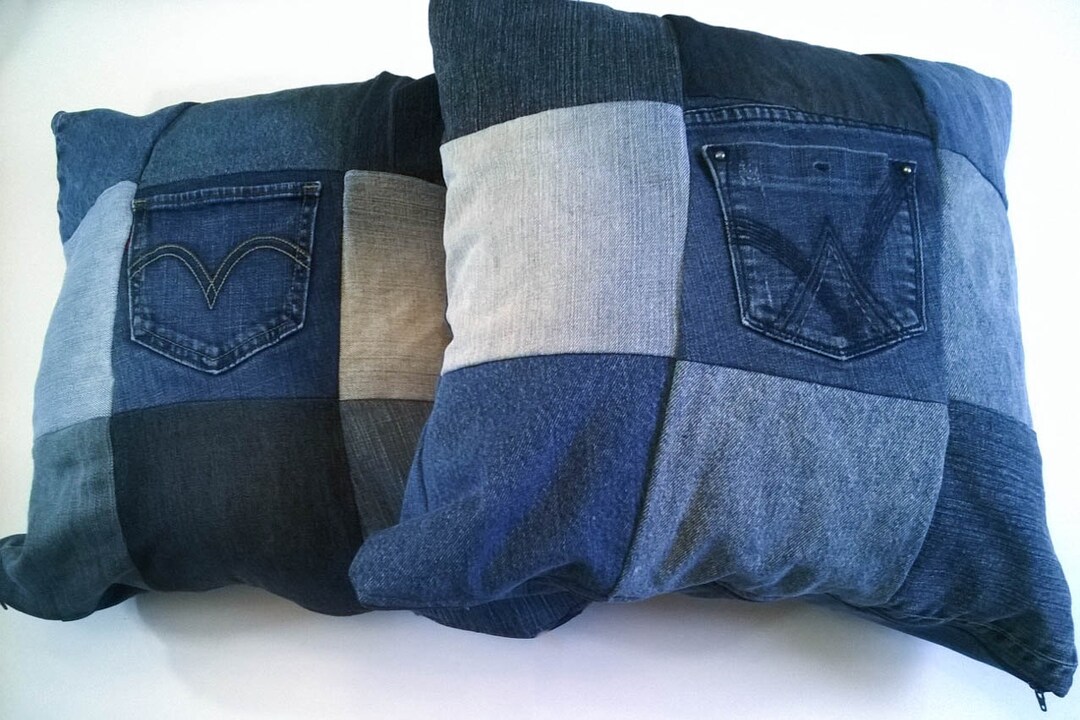 Upcycled Denim Throw Pillow Set Matching Pair Patchwork Pillow Two Pillow Covers Jean Pillows Lined Pillow Cover Zip Closure Etsy