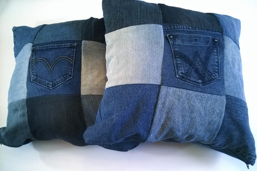 Upcycled Denim Throw Pillow Set Matching Pair Patchwork - Etsy