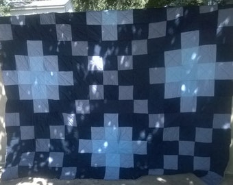 Denim Blue Jean Rag Quilt - XO Rag Quilt - Queen size - Patchwork - Repurposed Jean Quilt - Upcycled Denim Bedding