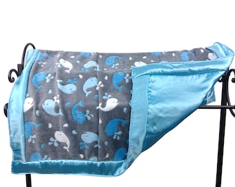 Blue Whale Minky Baby Blanket - Satin Baby Blanket - Gray White Blue Nursery Blanket