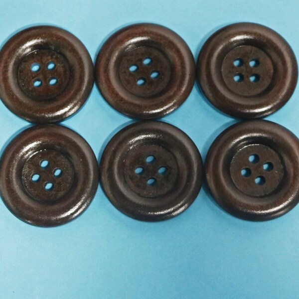 40 Chunky wood buttons, Dark brown with rim, 1.25 inch/ 30mm, 4-hole, sewing and Craft buttons