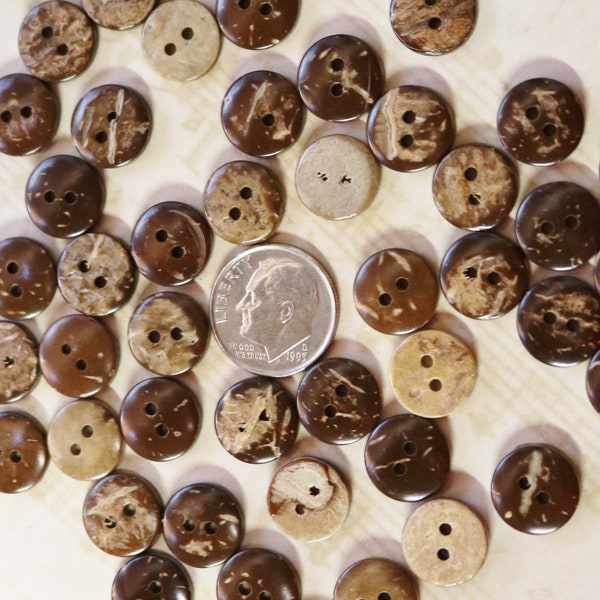 3/8-inch SMALL round COCONUT BUTTON lot, 1 bag approx. 200 tiny Coconut shell 2-hole brown, sewing and craft, doll bear making