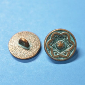 10/25/50 Copper Verdigris Metal Shank Buttons, 5/8 inch, sewing art craft, Lead and Nickle Safe