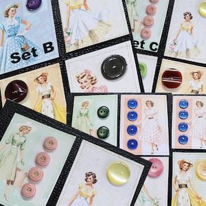 May include: A collection of vintage-style buttons in various colors, including purple, black, pink, green, and blue. The buttons are displayed on cards with retro illustrations of women in dresses. The text "Set B" and "Set C" are visible.