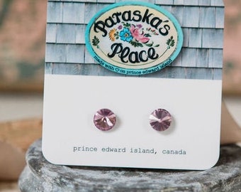 8mm mini crystal earrings, stainless steel, hypoallergenic, nickel free, antique pink, paraska's place