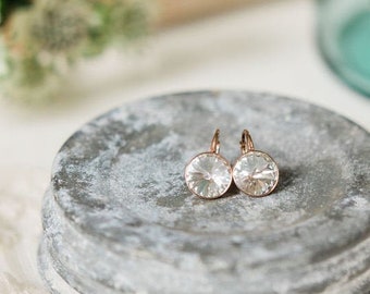 rose gold over sterling silver swarovski crystal lever back earrings, diamond, vintage rose, 10mm or 14mm, paraska's place