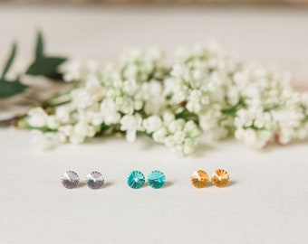 mini crystal stud earrings, smoky mauve, turquoise, stainless steel earring, hypoallergenic, 8mm rivoli, paraska's place