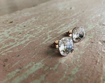 10mm sparkly cushion cut 4470 crystal earrings, sterling silver post, 925, rose gold, gold, silver, paraska's place