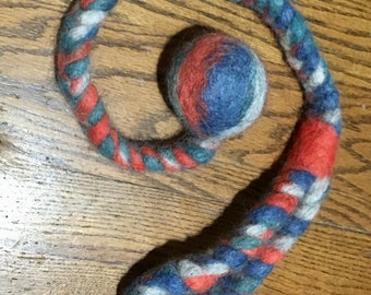 Dog Ball Tug Toy made of pure braided felted Solid Icelandic Wool.  Easy on your hand and dog's mouth. Boiled Wool from My Flock of Pets