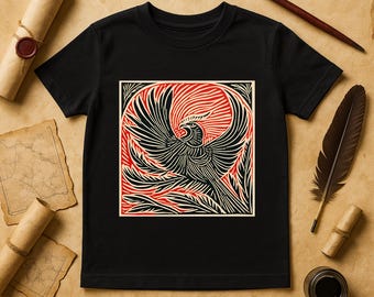 Phoenix Kids Shirt: Linocut Firebird Graphic Tee