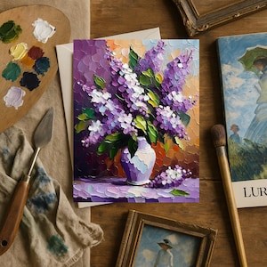 Tarjetas de felicitación florales lilas: juego de 10 tarjetas impresionistas en blanco con sobres, papelería con flores moradas, set de regalo de arte botánico.