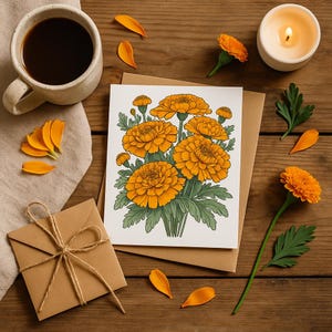 Marigold Flower Greeting Cards - Set of 10 Blank Floral Notecards with Envelopes, Orange Botanical Stationery, Elegant Garden Gift Card Set