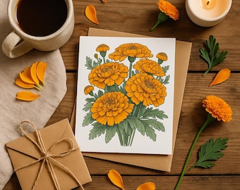 Peut inclure: Une carte de vœux avec une illustration de fleurs de souci orange et de feuilles vertes. La carte est posée sur une surface en bois, avec une tasse de café, une bougie allumée et une petite enveloppe marron attachée avec de la ficelle.