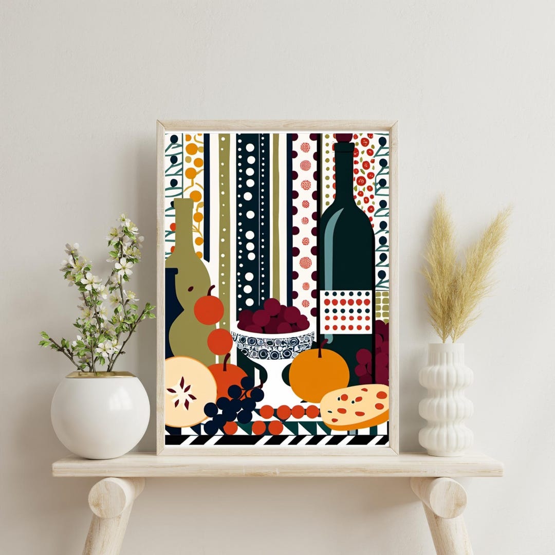 abstract kitchen art prints: modern line drawing set... Abstract Kitchen Art, Modern Still Life Poster, Fruit & Wine Digital ...