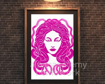 Magenta Medusa Art Print, Snake Goddess Illustration (Digital Download)
