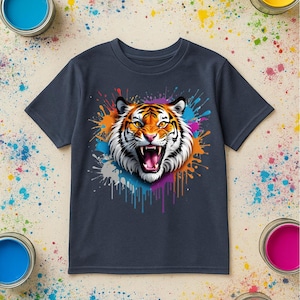 Kids Tiger T-Shirt, Colorful Animal Graphic Tee, Roaring Tiger Shirt for Boys or Girls, Jungle Big Cat Birthday Gift, Cool Kid, Family match