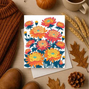カラフルな菊の花柄グリーティングカード、空白のノートカードセット、鮮やかな花のイラスト、封筒付き10枚入り文房具パック
