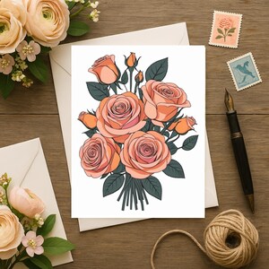 Tarjetas de felicitación con rosas: juego de 10 tarjetas florales en blanco color melocotón con sobres, elegante papelería botánica, juego de tarjetas de regalo románticas.