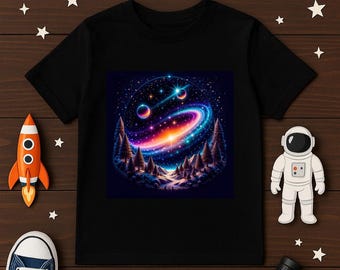 コズミックキッズコットンTシャツ：銀河の冒険、宇宙をテーマにしたシャツ