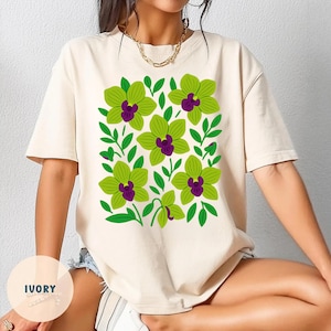 Paphiopedilum Orchid Unisex T-shirt, Bright Green and Purple Floral Shirt, Lady&#39;s Slipper Orchid Tee, Flower Lover Gift, Botanical Graphic