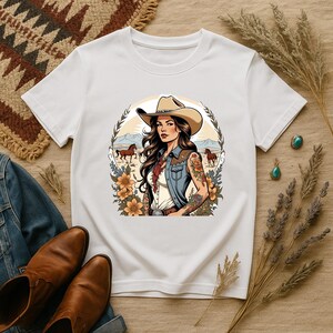 Cowgirl Vibes Unisex Softstyle T-Shirt, Western Art Tee, Country Style Shirt, Gift for Rodeo Lovers, Boho Graphic T-Shirt